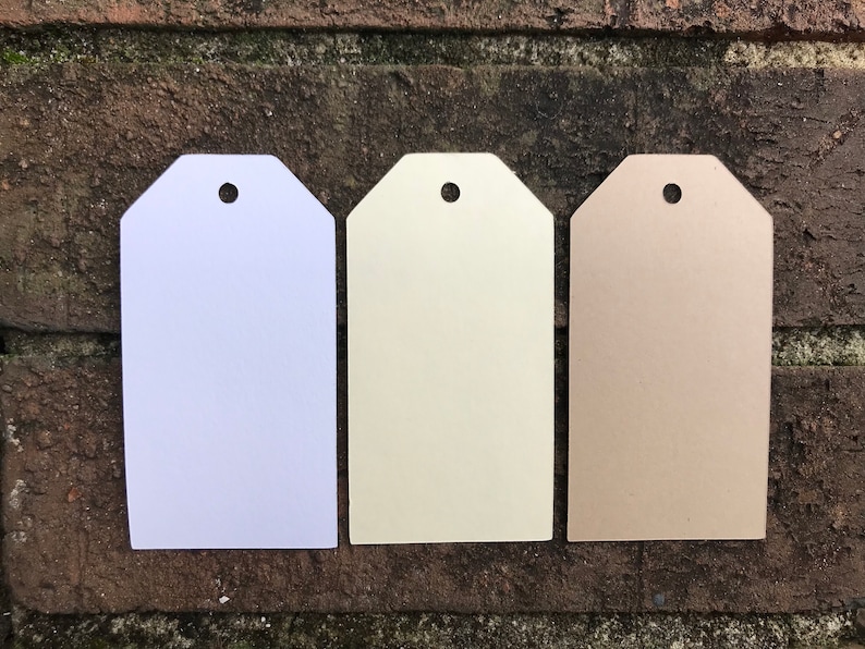 May include: Three blank gift tags with a hole punched at the top. The tags are white, cream, and brown.