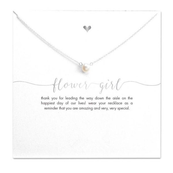 Flower Girl Necklace Pearl in Silver or Gold - Flower Girl Gift w Thank You Card - Flower Girl Jewelry, Wedding Gift, Bridal Party Favor