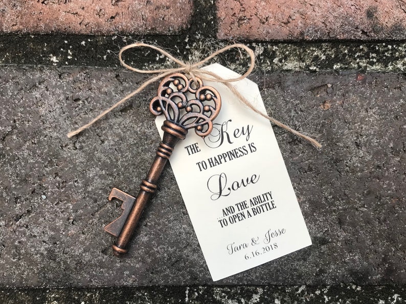 50 Skeleton Key Bottle Openers Customized Tags Personalized Printed Tags Antique Key Favors Key to Love Ability to Open a Bottle image 1