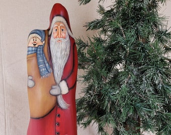 13 1/2" Santa Claus Holding Toy Bag/Snowman - Cypress Knee *New 4/26*