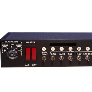 May include: A black aircraft switch panel featuring a key-operated magneto ignition switch, two red master switches labeled ALT and BAT, and seven toggle switches for fuel pump, beacon, landing, taxi, navigation, strobe lights, and pitot heat.