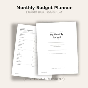 Può includere: Un pianificatore di budget mensile digitale con testo nero su carta bianca. Le pagine includono sezioni per entrate, bollette fisse e costi abitativi. L'intestazione recita Monthly Budget Planner, 5 printable pages, US Letter + A4.