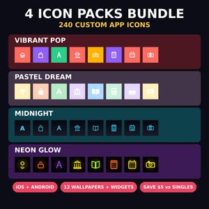 App Icon Bundle iOS 26 | 240 Aesthetic iPhone Icons, 4 Theme Packs, Wallpapers & Widgets | iPhone Homescreen Theme Bundle, Instant Download