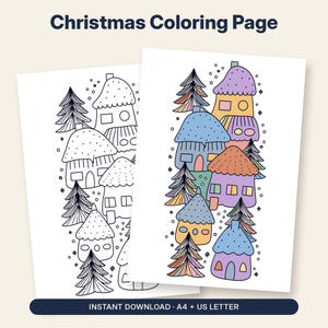 Pagina da colorare di Natale stampabile, Villaggio di pan di zenzero in stile folk art, Foglio da colorare invernale per adulti, Download