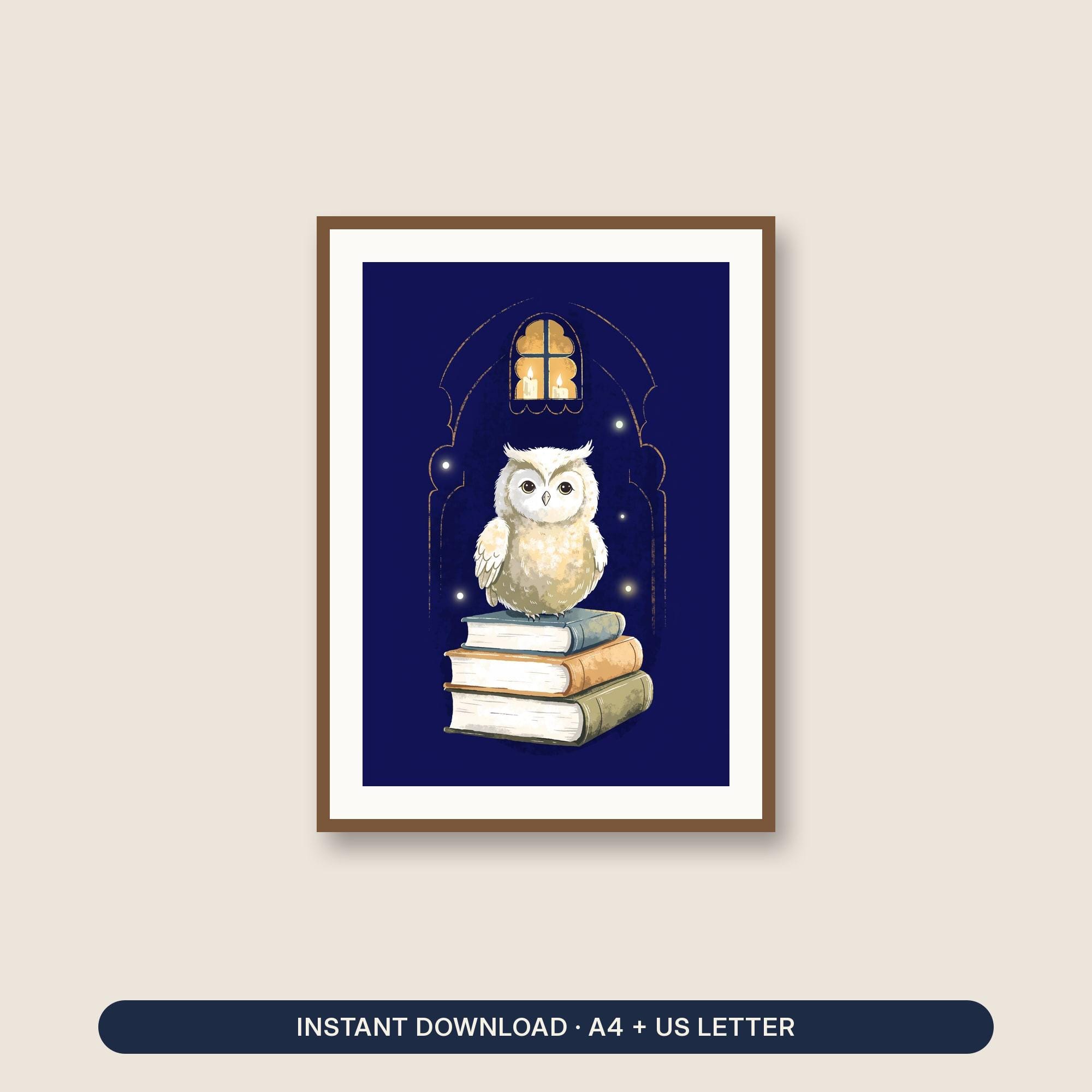 Nursery Wall Art Printable, Dark Academia Owl on Books Print, Reading Nook Kids Room Decor, Baby Sho