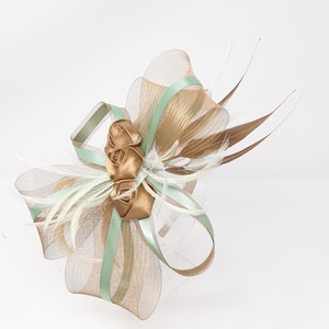 Gold rose and sage green fascinator on a clip, comb and Alice band image 4