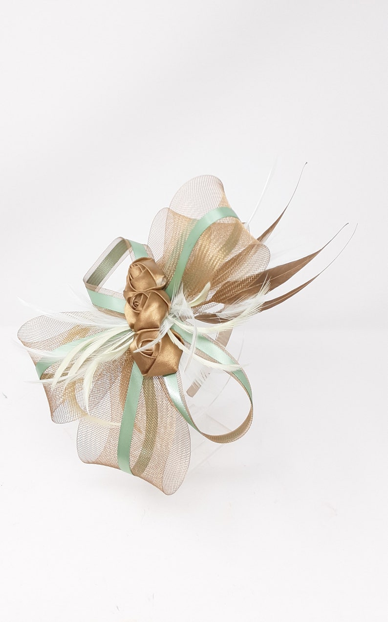 Gold rose and sage green fascinator on a clip, comb and Alice band image 4