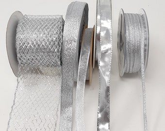 Metallic silver ribbon, mesh 3mm, 10mm, 15mm, 60mm for milinery fascinator craft DIY. Sold by the meter