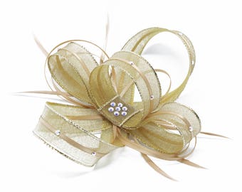 Fascinator in oro scintillante con diamanti su clip, pettine e fascia Alice...