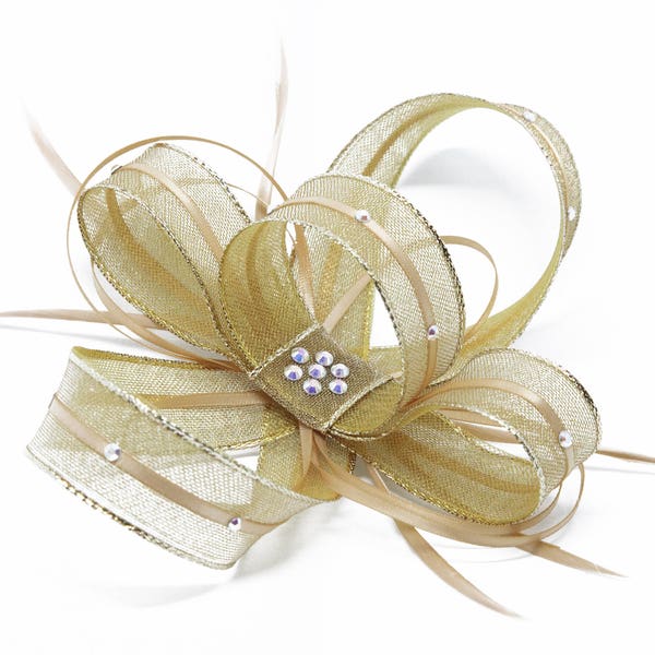 Shimmering gold fascinator with diamanté on a clip, comb and Alice band …