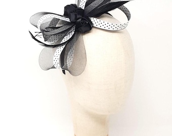 Polka Dot Ribbon Fascinator: Black Rose Feather Hair Clip, Comb & Band