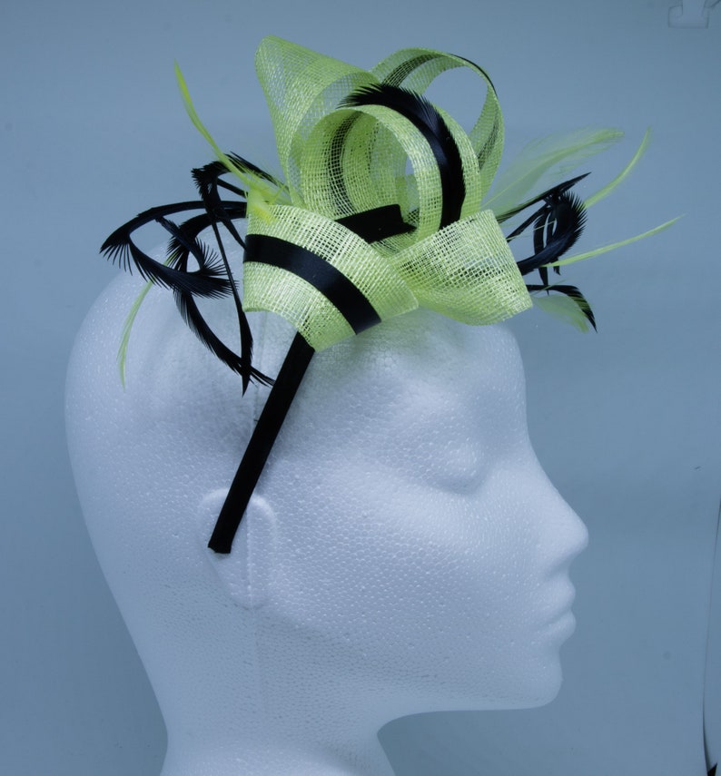 Citrus lime and black fascinator on an clip, comb and Alice band image 5