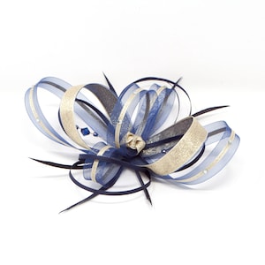 Navy blue fascinator with gold lurex trim and sparkling diamantè with comb, clip, & alice band.