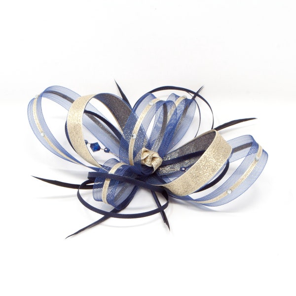 Navy blue fascinator with gold lurex trim and sparkling diamantè with comb, clip, & alice band.