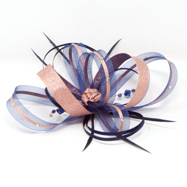 Navy blue fascinator with rose gold lurex trim and sparkling diamantè with comb, clip, & alice band.