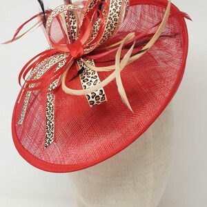 May include: A red mesh hat with a leopard print ribbon and feathers.