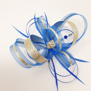 Cobalt blue fascinator with gold lurex trim and sparkling diamantè with comb, clip, & alice band. image 5