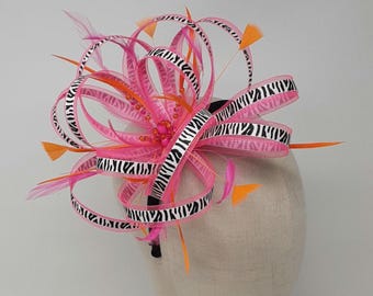 Zebra print, hot pink and orange fascinator with centre bead cluster on comb, Alice band and clip.