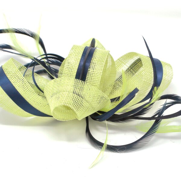 Citrus lime green and navy blue fascinator on aclip, comb and Alice band