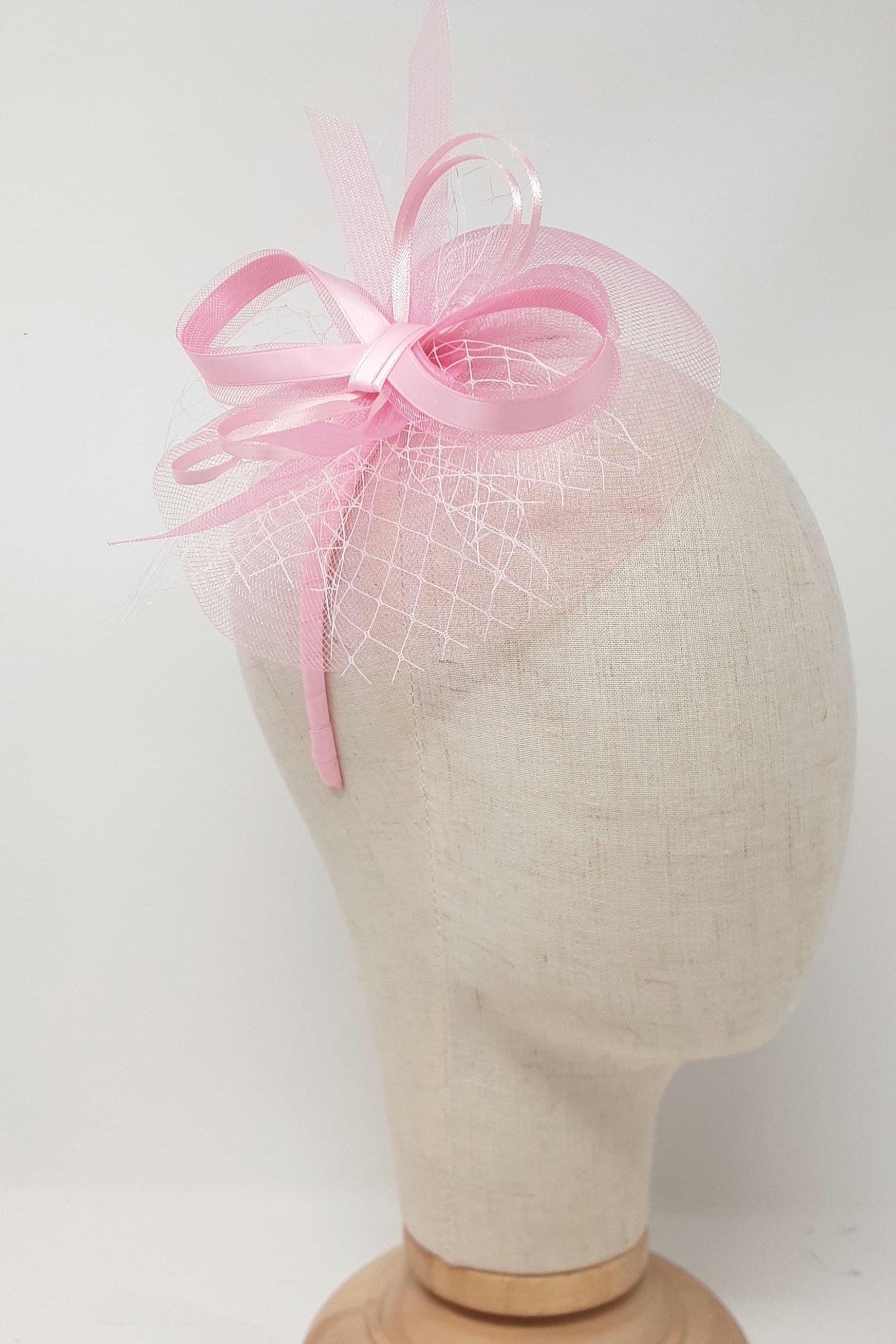 Pale pink dainty fascinator attached to clip, comb and Alice band - Technical View