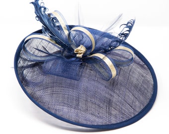 Navy blue and gold hatinator style fascinator with comb, clip, & alice band.