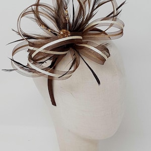 May include: A brown and cream-coloured headpiece with feathers and ribbon. The headpiece is mounted on a mannequin head. The headpiece has a bow shape with a central cluster of decorative elements.