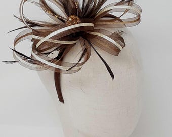 Chocolate Brown and Gold Fascinator with Feathers, Lurex Ribbon, and Beaded Detail