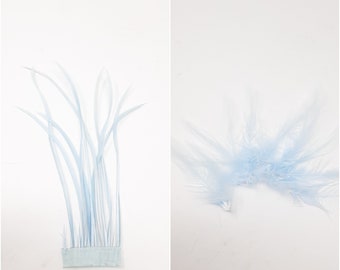 Ice blue feathers for hat making, coque, biots, turkey and hackle milinery fascinator DIY.