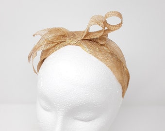 Shimmering antique gold 30s inspired sinamay turban style Alice band fascinator.