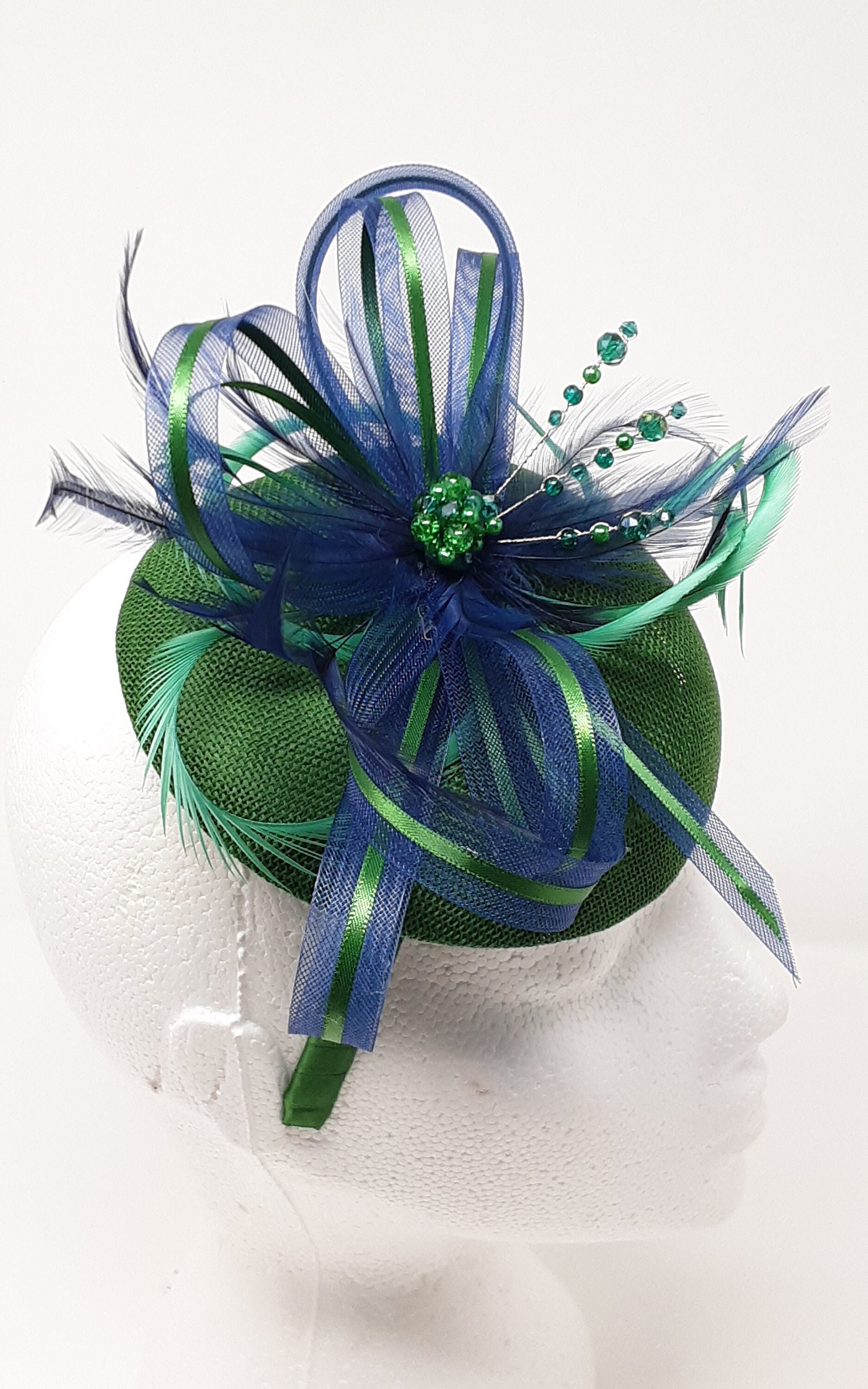 Navy Blue and Lime Green Derby-Style Hat A navy blue fascinator, with lime green and navy blue  main image 2