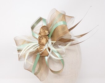 Gold rose and sage green fascinator on a clip, comb and Alice band