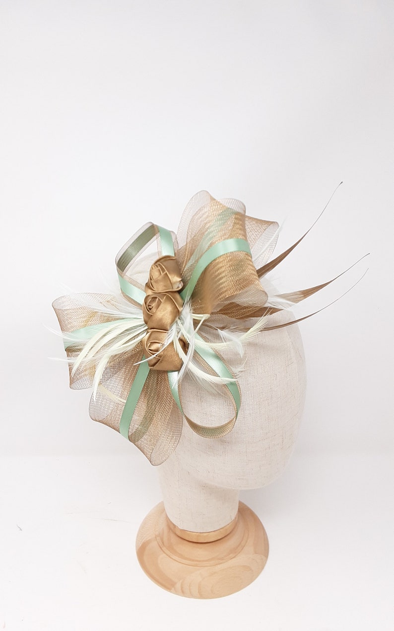 Gold rose and sage green fascinator on a clip, comb and Alice band image 1