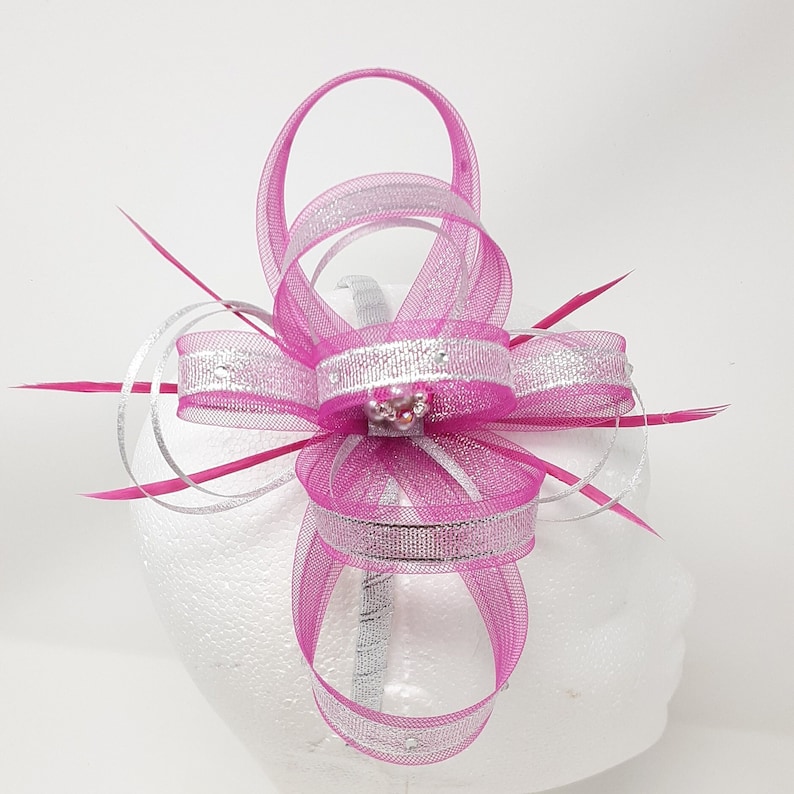 Fuchsia pink fascinator silver metalic ribbon trim, diamantè and centre bead cluster on a comb, clip, & alice band. image 3