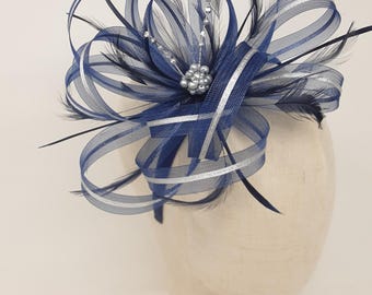 Navy Blue Fascinator: Silver Lurex Ribbon, Diamanté, Feathers (Comb, Clip & Alice Band)