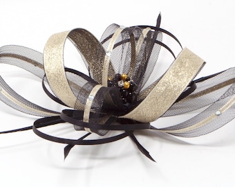 Black Fascinator With Gold Lurex Trim 