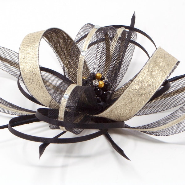 Black fascinator with gold lurex trim, diamantè and centre bead cluster with comb, clip, & alice band.