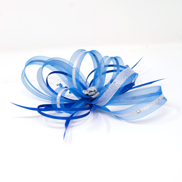 Royal blue fascinator with silver lurex trim and sparkling diamante' on a comb, Alice band and clip.