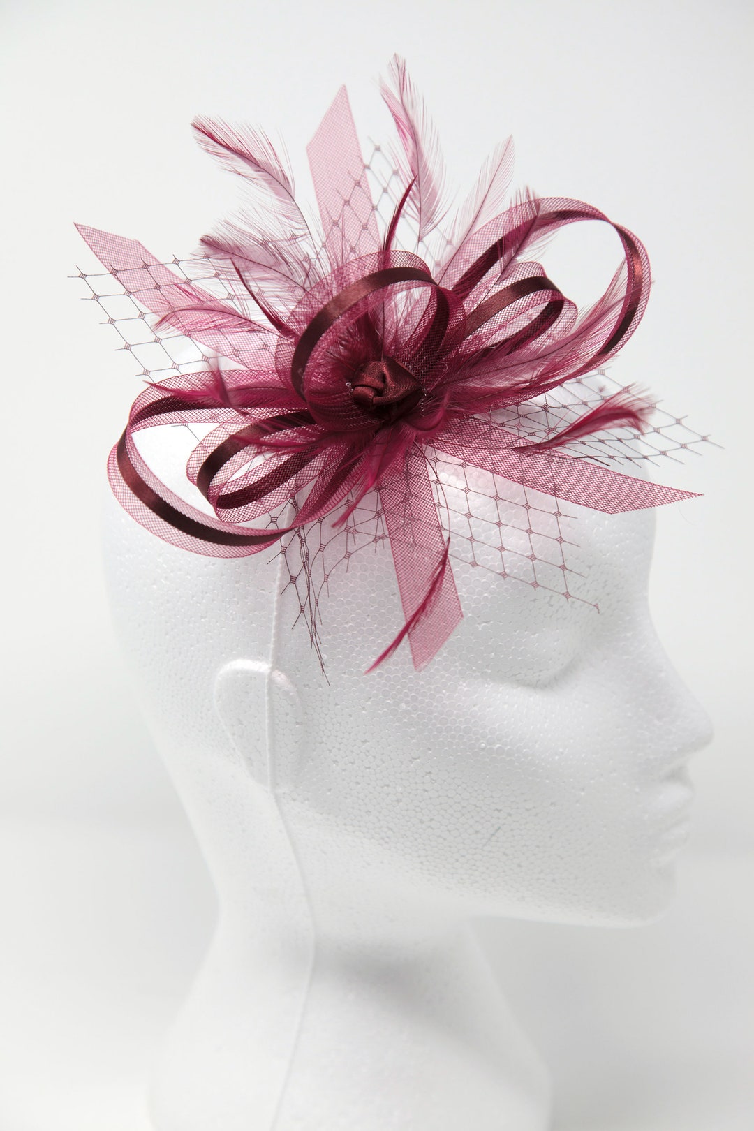 Burgundy Wine Fascinator With Ribbon, Net and Feathers on a Clip, Comb