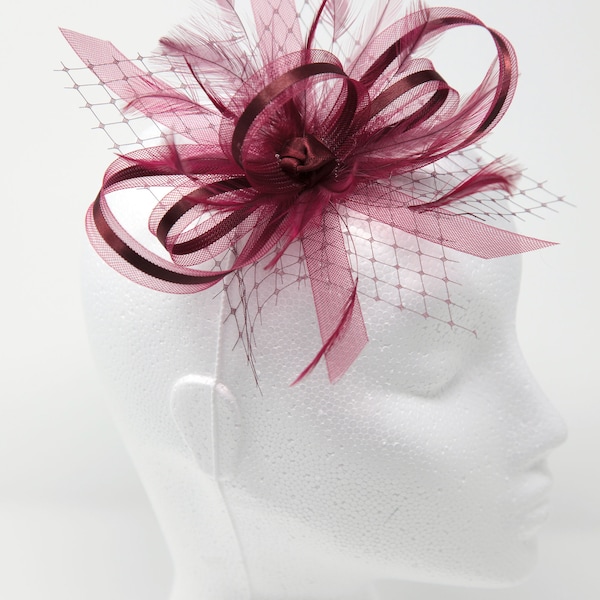 Burgundy wine fascinator with ribbon, net and feathers on a clip, comb and Alice band