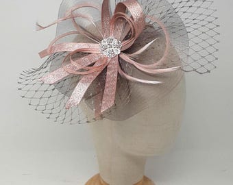 Metallic rose gold fascinator with diamantè brooch on a clip, comb and alice band