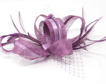 Plum fascinator with ribbon and feathers on a clip, comb and Alice band …