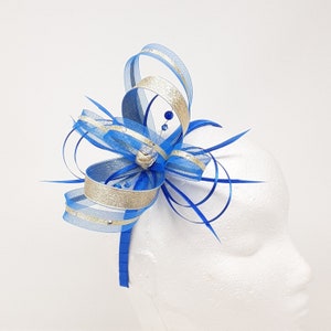 Cobalt blue fascinator with gold lurex trim and sparkling diamantè with comb, clip, & alice band. image 1