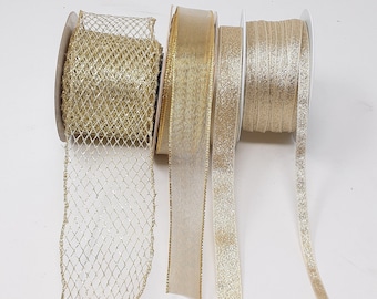 Metallic gold ribbon, mesh 7mm, 15mm, 25mm, 60mm for milinery fascinator craft DIY. Sold by the meter