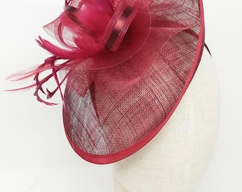 Burgundy Sinamay Hatinator: Feather Fascinator, 3-in-1 Mount