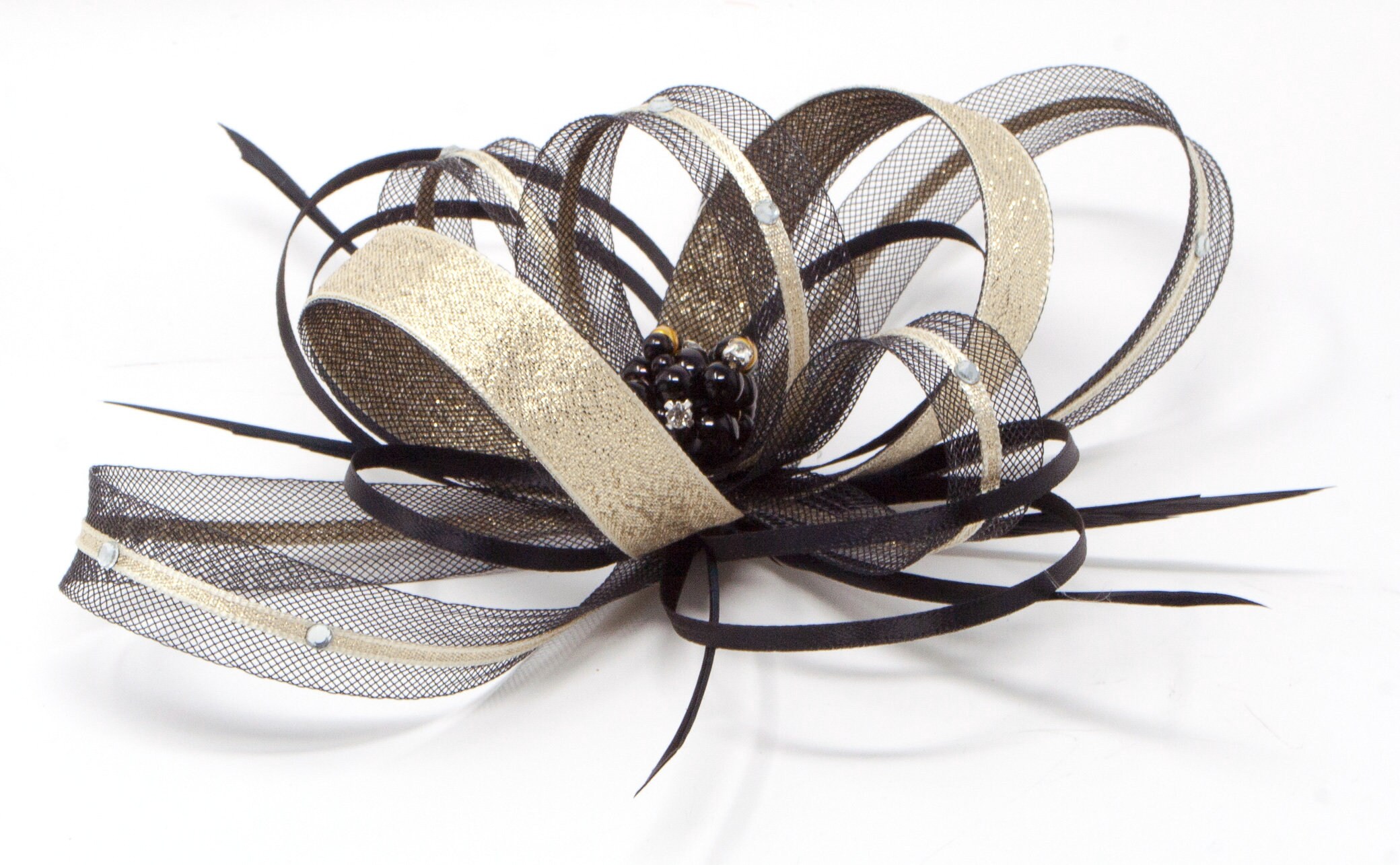 Black Fascinator With Gold Lurex Trim 