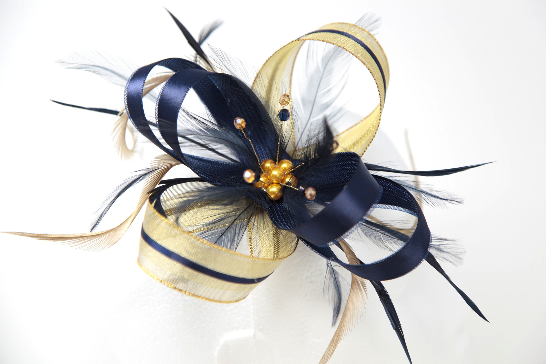 Gold Lurex Fascinator With Bead Cluster 