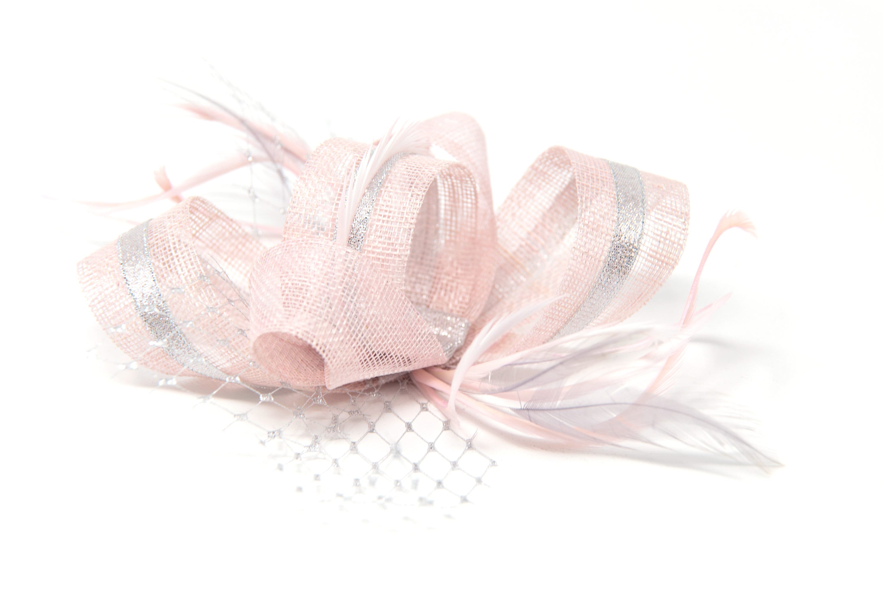 Blush Pink Fascinator: Silver Ribbon & Feather Hair Clip
