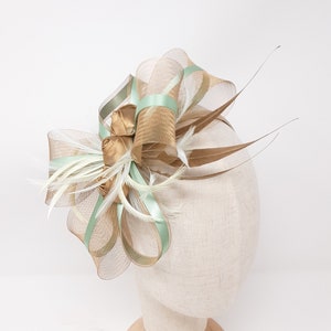 Gold rose and sage green fascinator on a clip, comb and Alice band image 3