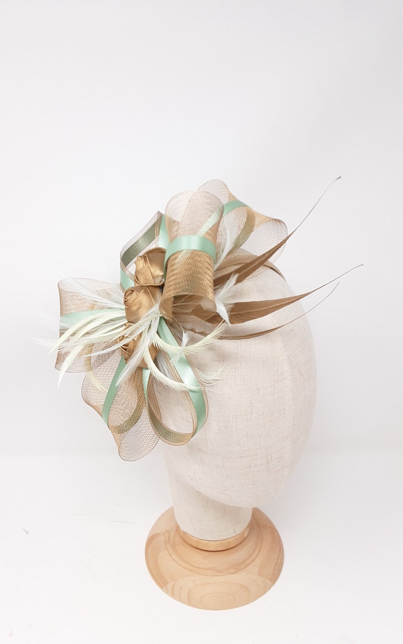 Gold rose and sage green fascinator on a clip, comb and Alice band image 3