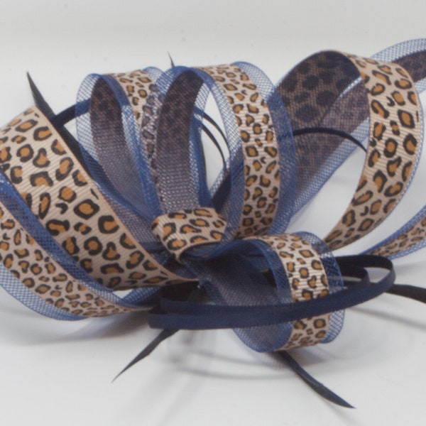 Leopard print navy blue fascinator on a comb, clip & alice band
